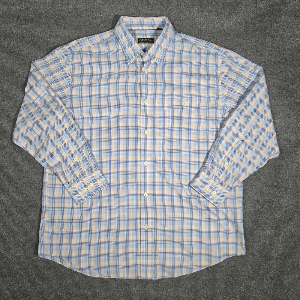 Orvis Mens XL Long Sleeve Plaid Button Down‎ Shirt Blue Orange Check Pockets